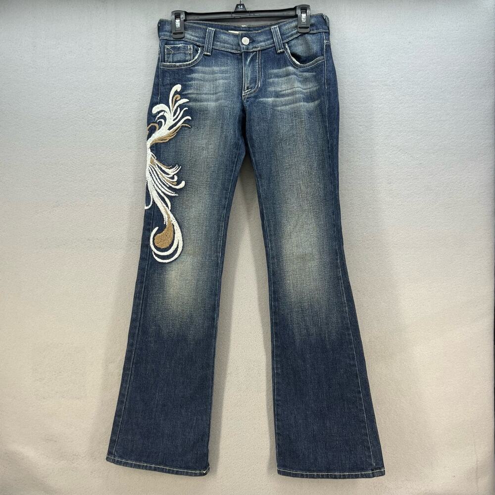 VTG KanCan Jeans Women's 5 Dark Blue Embroidered Hip Flare Preppy Normcore Rare
